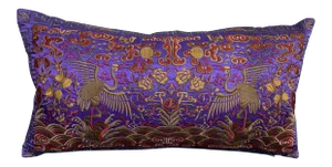 Hollywood Regency Purple & Gold Asian Chinoiserie Silk Crane Lumbar Boudoir Pillow