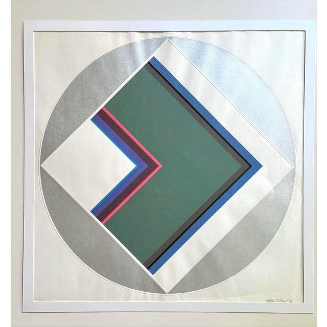 "Untitled" by American artist Fletcher Benton (1931–2019). This piece features a diamond shape with green, blue, pink, and...