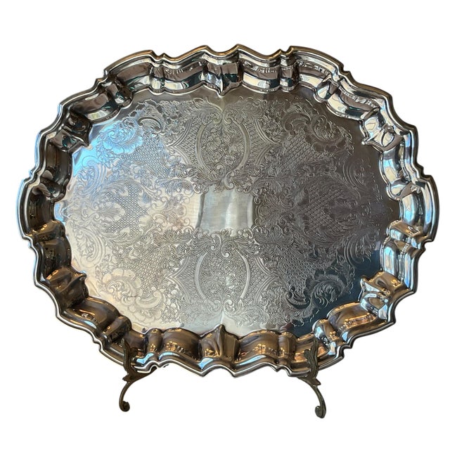 Silver Vintage Leonard Silver Plate Footed Serving Tray With Ornate Floral Engraving For Sale - Image 8 of 12