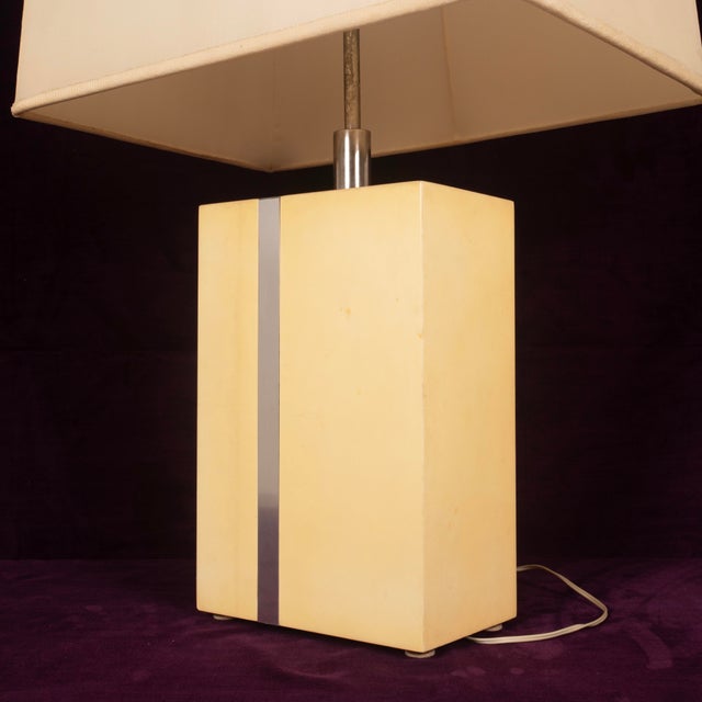 Italian Rationalist Geometric Parchment and Metal Table Lamp by Tommaso Barbi, 1970s For Sale - Image 4 of 17