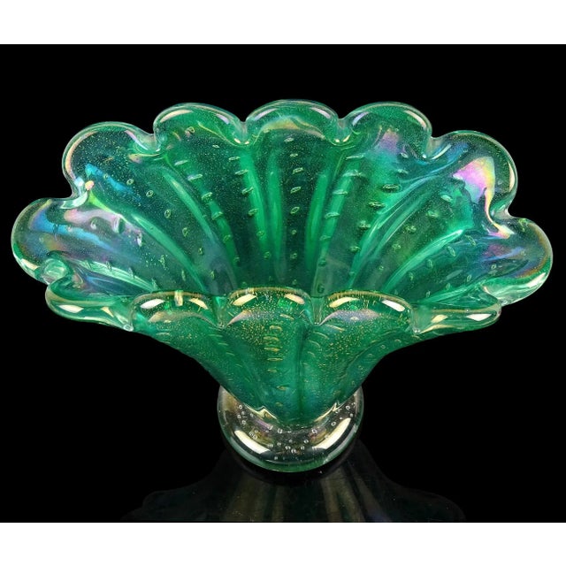 Glass Vintage Murano Green Iridescent Gold Flecks Bubbles Italian Art Glass Fan Shape Scalloped Rim Flower Vase For Sale - Image 7 of 12
