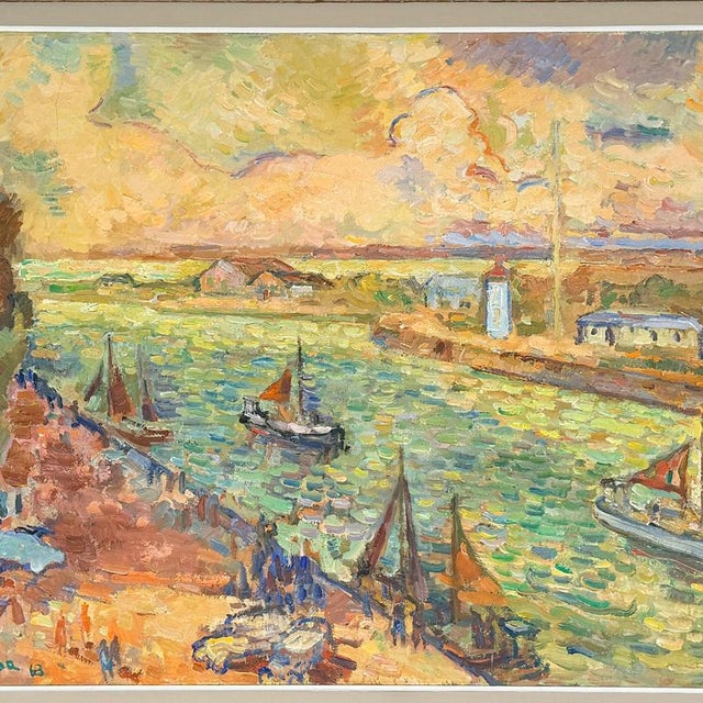 A large post impressionist painting by henri saada (1906-1976) depicting the port of hon fleur. House in a montparnasse...
