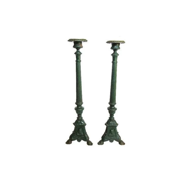 19th Century Cast Iron Floor Candle Stands in Dark Green - a Pair For Sale - Image 11 of 11