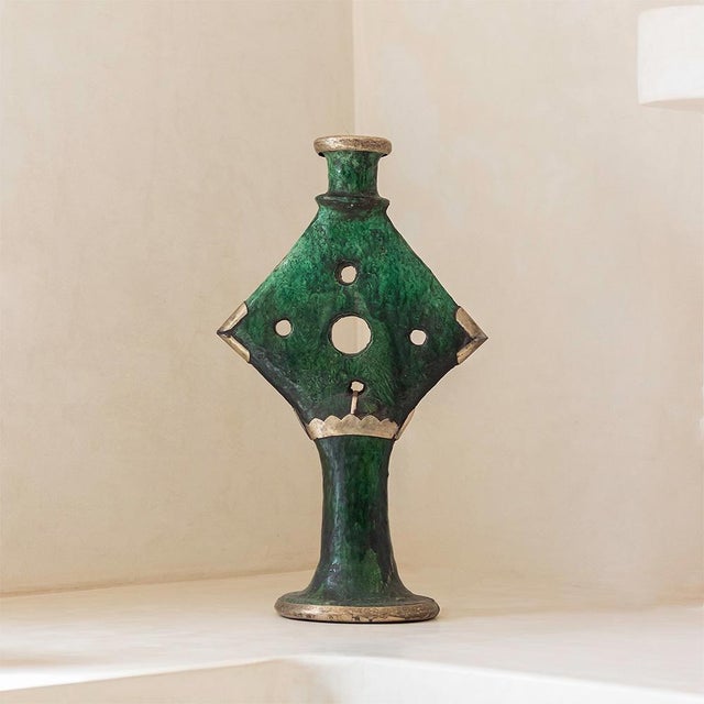 Vintage Moroccan Tamegroute Green Glazed Candle Holder With Brass Accents For Sale - Image 6 of 9