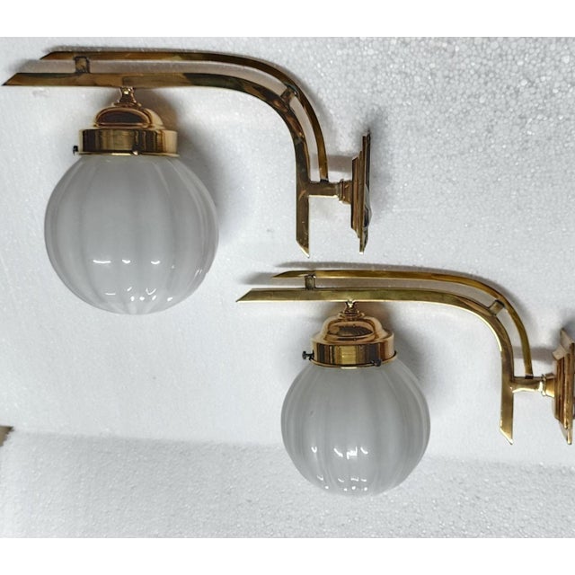 Vintage Art Deco Light Old Lamp Wall Sconces Fixture Brass & Ribbed Milk Glass Shade Ship Light - a Pair For Sale - Image 4 of 5