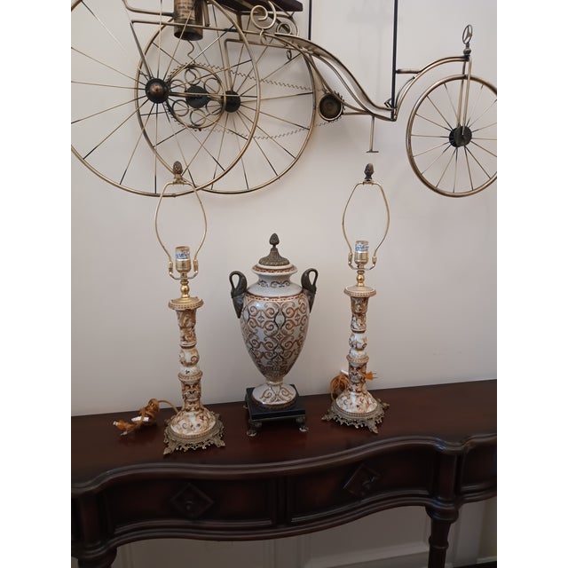 Vintage French Renaissance Rococo Table Lamps & Longwy-Style Ceramic Urn - Set of 3 For Sale - Image 9 of 12