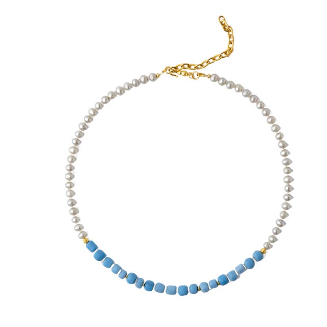 Gray Pearl Denim Beads Necklace For Sale