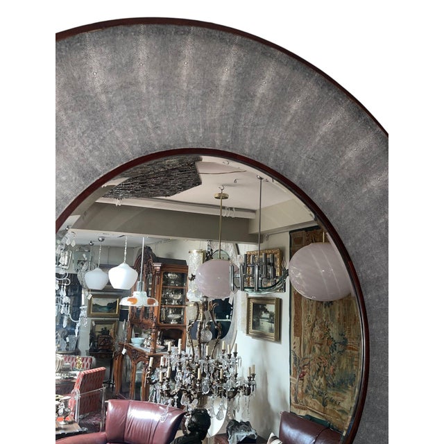 Italian Italian Faux Shagreen & Walnut Concave Round Mirror, Late 20th Century. For Sale - Image 3 of 7
