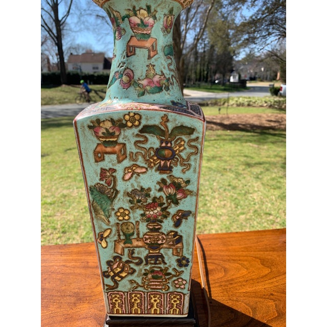 19th Century Chinese Famille Rose Antique Square Turquoise Porcelain Vase Lamp For Sale - Image 5 of 9