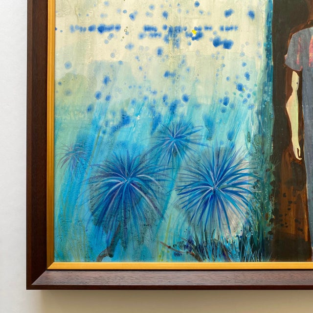 Paul Bowen Vintage 1990's Provincetown Modernist " Untitled Blue Trees " Original Signed Framed Mixed Media Painting For Sale - Image 9 of 18