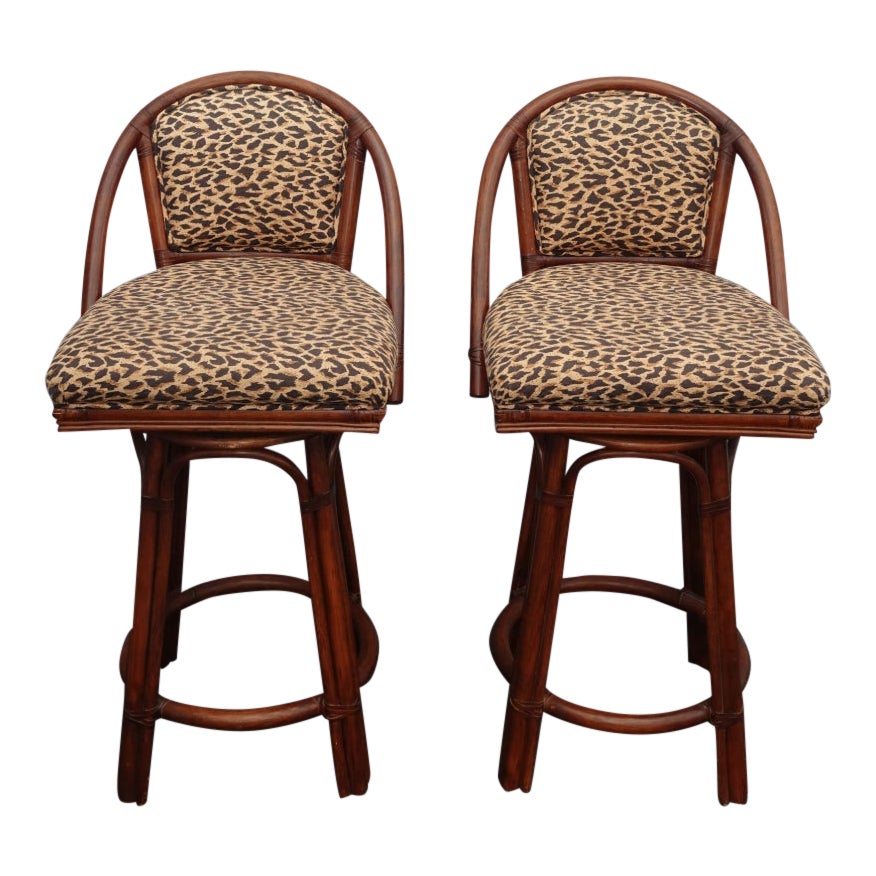 Vintage Mid Century Bamboo Rattan Swivel Leopard Print Gold Bar Stools