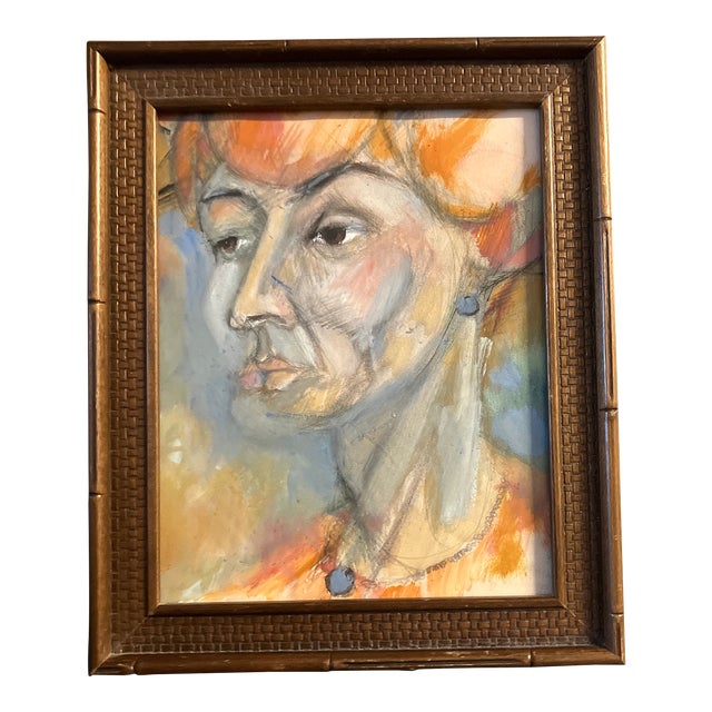 1950’s Original Female Portrait Pencil Drawing/Watercolor Painting Tabletop Frame For Sale