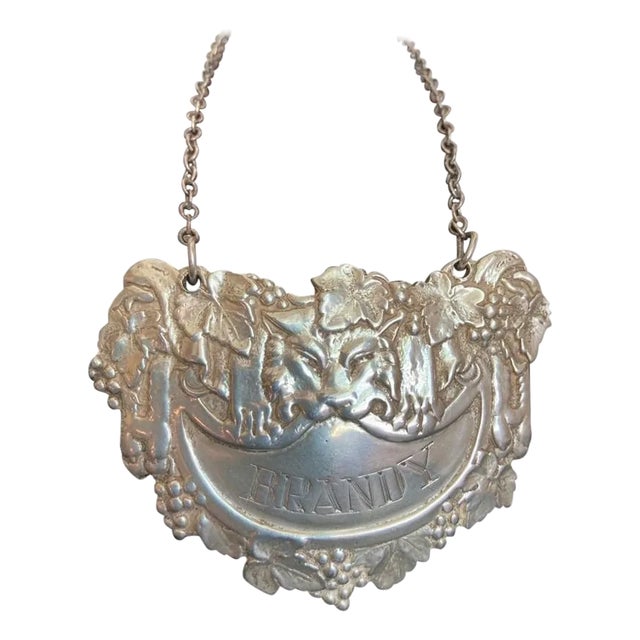English Sterling Silver Brandy Carafe Label with Chain For Sale