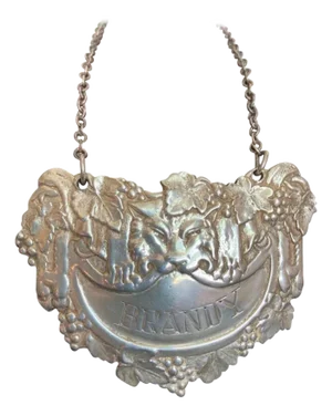 English Sterling Silver Brandy Carafe Label with Chain