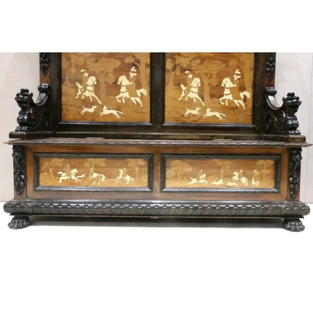 Mid-Century Modern Late 19th Century 5ft Long Antique Walnut Entrance Hall Seat Superb Inlaid to Front Carved Animals For Sale - Image 3 of 9