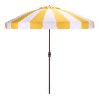 Buti 9 Ft Crank Umbrella, Yellow Cabana Stripe/Brown Pole For Sale