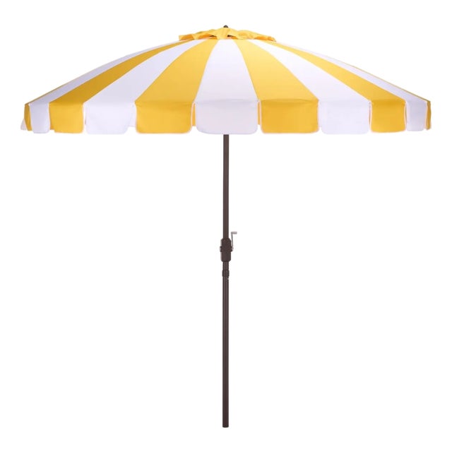 Buti 9 Ft Crank Umbrella, Yellow Cabana Stripe/Brown Pole For Sale