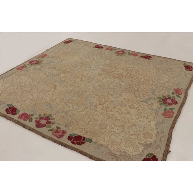 Camel Antique 20th Century Hooked Rug in Beige With Rose Floral Borders - Rug & Kilim For Sale - Image 8 of 10