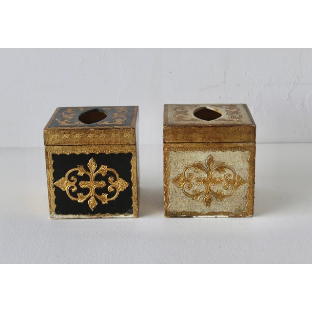 Classic Florentine tissue box covers in gold, off-white, and black. Made in Italy with a flip-top for easy access/refill....
