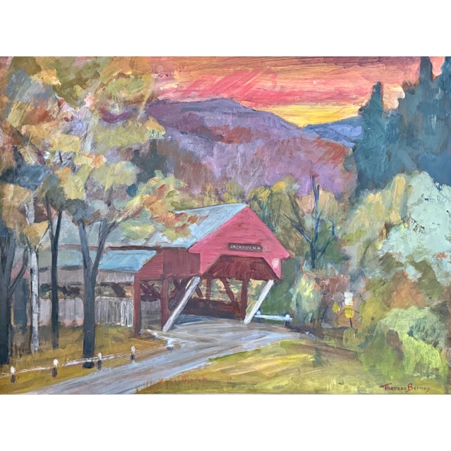 A vibrant midcentury expressionist landscape painting of a New Hampshire covered bridge at sunset by American artist...