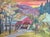A vibrant midcentury expressionist landscape painting of a New Hampshire covered bridge at sunset by American artist...