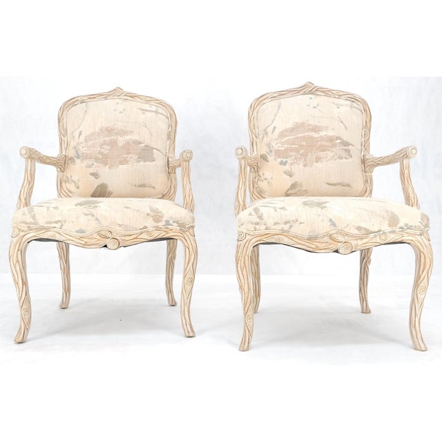 Faux Carved Twig Wood & Eye Theme Arm Lounge Fireside Arm Chairs White Wash MINT For Sale - Image 15 of 16