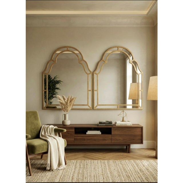 1990s Monumental Hammered Gold Arched Moorish Pagoda Carvers Guild Style Hollywood Regency Wall Mirrors- A Pair For Sale - Image 5 of 12