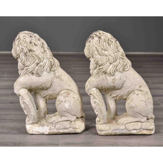 Stone Pair of Vintage French Cast Stone Seated Lion Garden Statues For Sale - Image 7 of 10