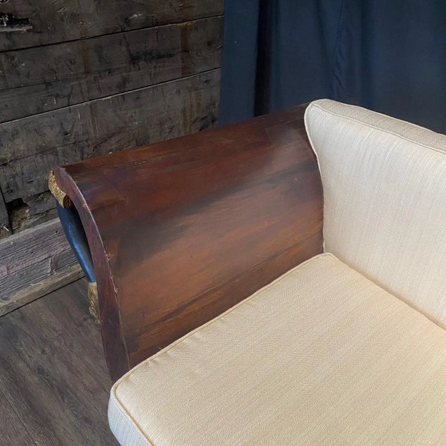 19th Century French Empire Walnut Curvy Sofa With Gilded Swans and New Upholstery For Sale - Image 5 of 13