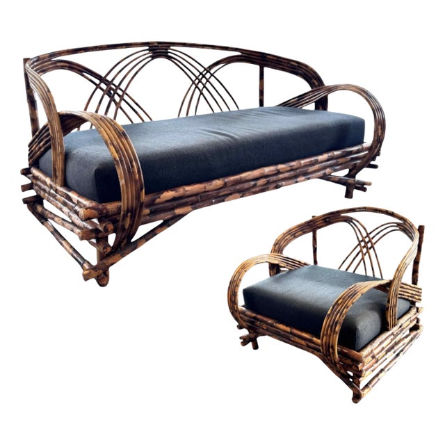 Vintage Boho 5-Strand Tortoise Shell Rattan Sofa & Chair - 2 Piece Set For Sale
