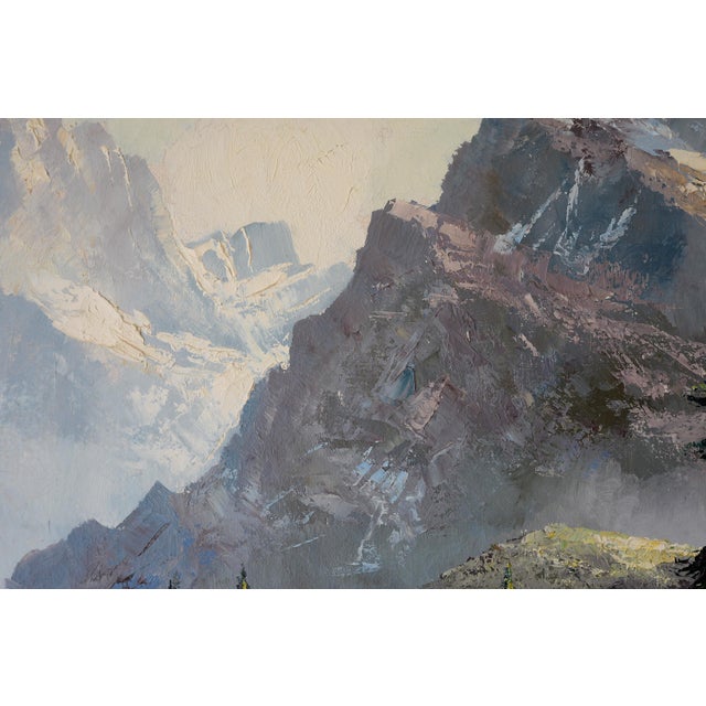 Blue Vintage Snow-Capped Mountains & Lake Landscape Painting For Sale - Image 8 of 14