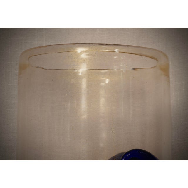 Splendid Murano glass vase. Note the beautiful blue braids hot-applied to the body of the gold vase. A superb gold color...