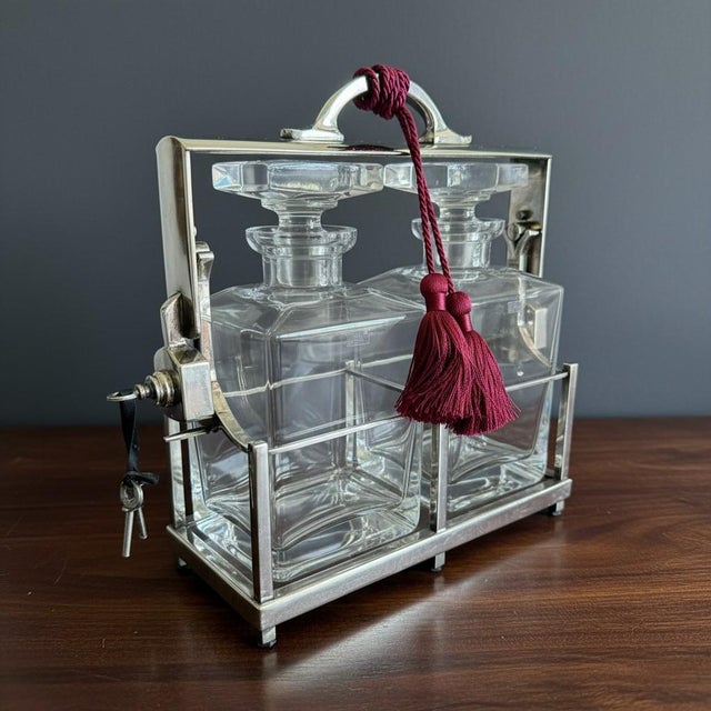 Metal Restoration Hardware Sloane Crystal Decanter Set-Silverplate Locking Caddy-Key For Sale - Image 7 of 10