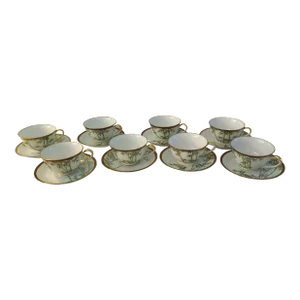 1970s Soko Bone China Bamboo Cups & Saucers, Srvc. For 8