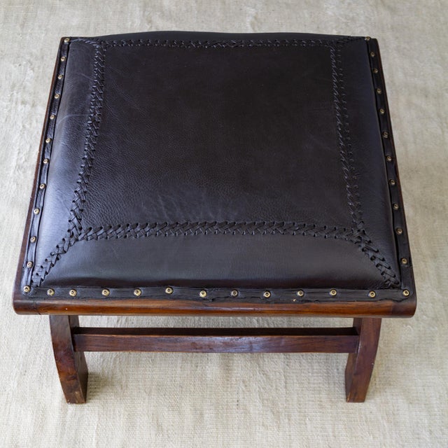 Leather and Rosewood X Frame Ottoman or Footstool With Brass Nailhead Trim For Sale - Image 12 of 13