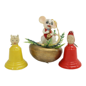 Midcentury Christmas Ornaments W/ Mouse, Set of 3
