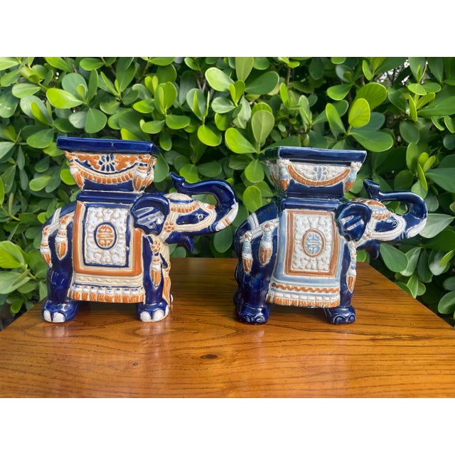Late 20th Century Vintage Blue Glazed Elephant Planters, Pair For Sale - Image 5 of 11