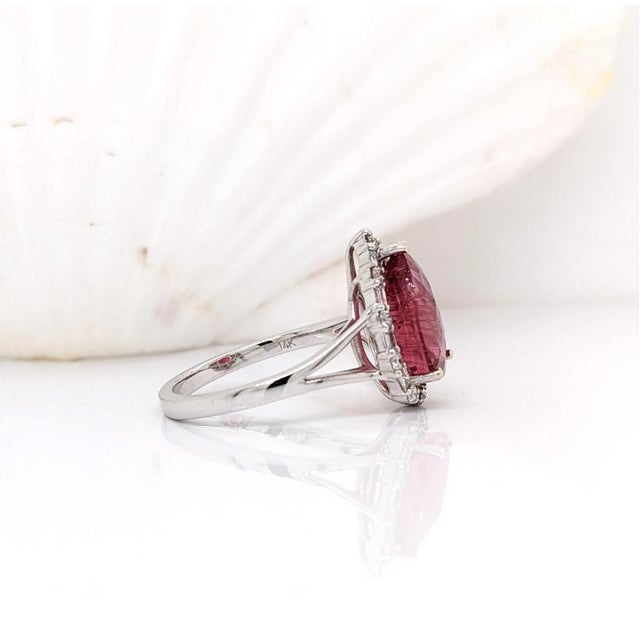 Pink Pink Tourmaline Ring With Natural Diamond Halo: Solid 14k Gold, Pear Cut 11x8mm, Size 6.75 For Sale - Image 8 of 10