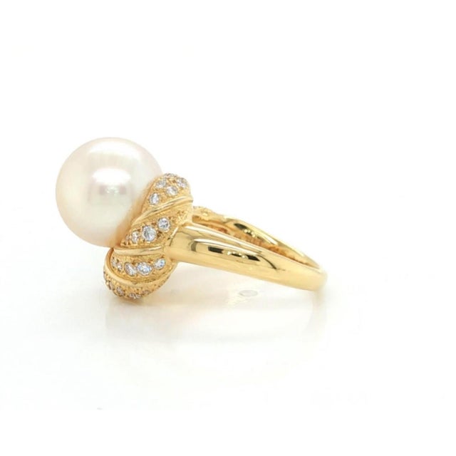 Mid 20th Century Mid 20th Century Mikimoto Diamond Pearl Cocktail Ring 18k Yellow Gold Size 5.5 For Sale - Image 5 of 5