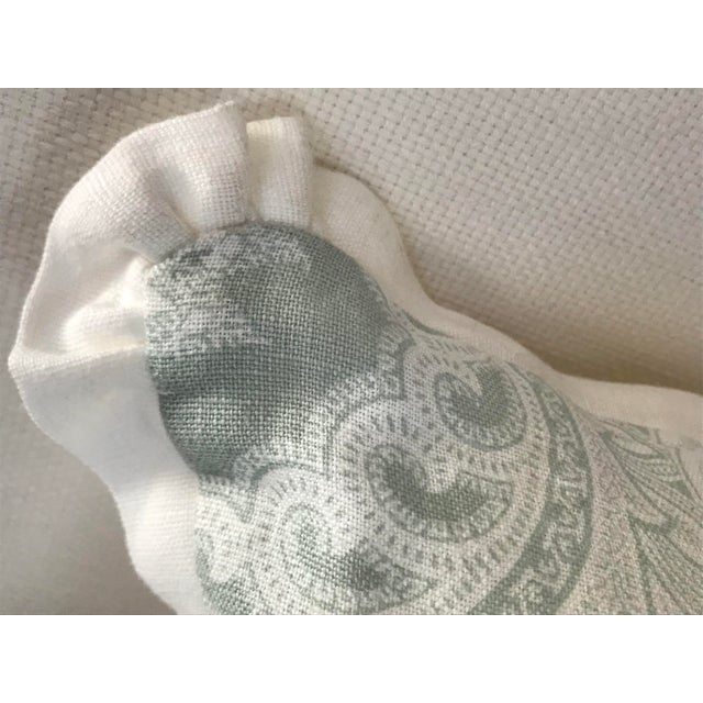 Paisley Designer Linen Pillows With Pleated Flange Border in Grayish Green and White - Set of 2 For Sale - Image 6 of 9