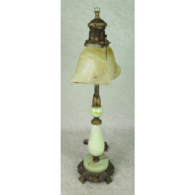 Early 20th Century Uranium Jadeite Table Lamp Alabaster Shades For Sale - Image 13 of 18