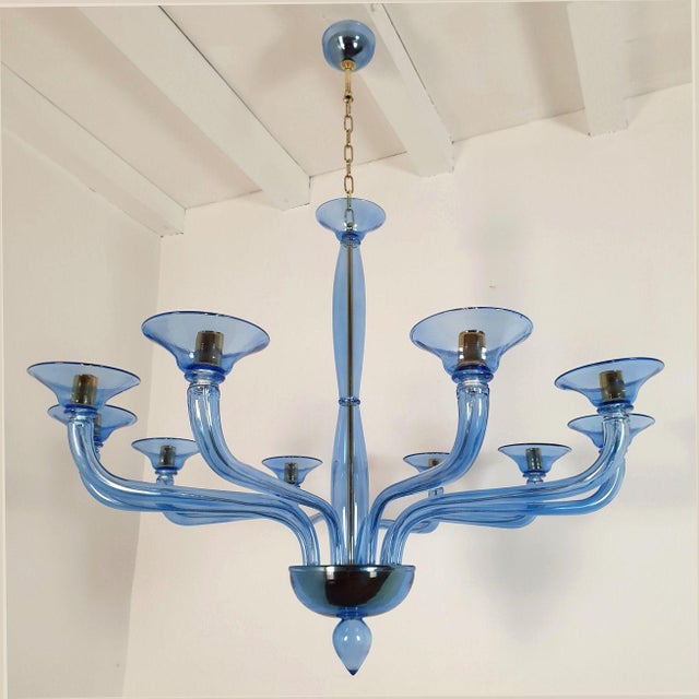 Mid-Century Modern 1980s Large Mid-Century Modern Blue Murano Glass Chandelier For Sale - Image 3 of 12