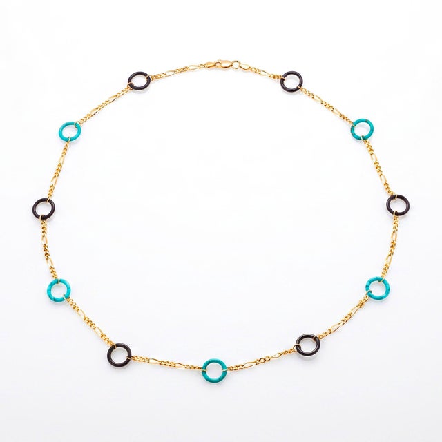 14k Yellow Gold Italian Onyx & Turquoise Circle Necklace 21" Length For Sale In New York - Image 6 of 14