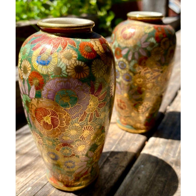 Early 20th Century Pair Japanese Satsuma Hanazume Miniature Cabinet Vases, Floral Decoration, 5 Inches For Sale In San Francisco - Image 6 of 11