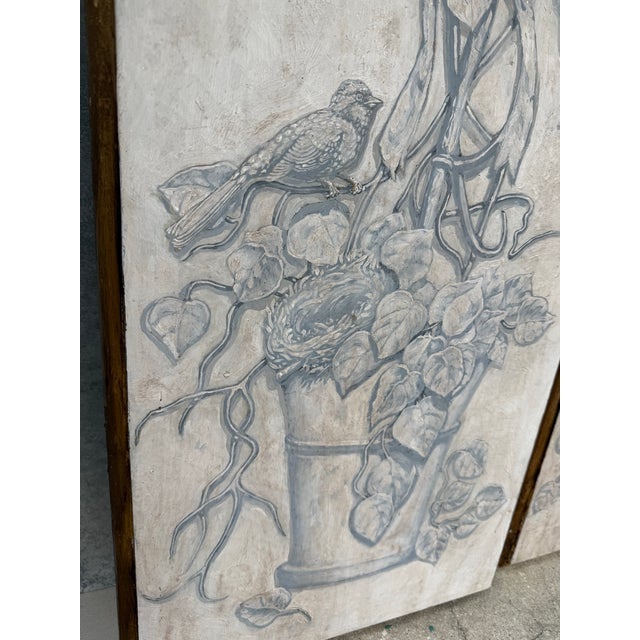 Off-white Vintage Italian Hand Paintings on Wood Panels With Pots Leaves and Birds - A Pair For Sale - Image 8 of 11