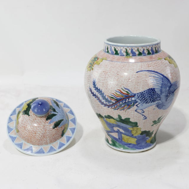Pair of Chinese Late Qing Dynasty, Jingdezhen Kiln, Famille Verte Covered Jar With Kirin and Phoenix on Iron-Red Brocade Ground For Sale In New York - Image 6 of 16