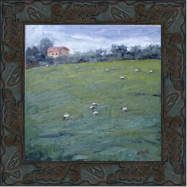 Shabby Chic "Grazing Sheep on a Hillside" Contemporary Landscape Oil Painting For Sale - Image 3 of 13