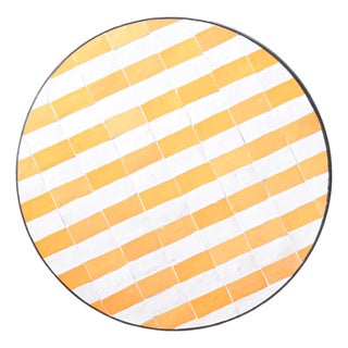 Matthew Izzo Home 40" Round Yellow and White Striped Moroccan Zellige Tile Bistro Table With Iron Base For Sale