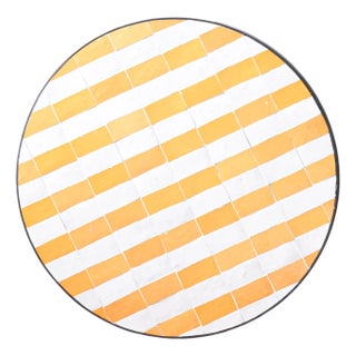 Matthew Izzo Home Moroccan Zellige Yellow and White Striped Tile and Iron X Base 40" Round Bistro Table For Sale