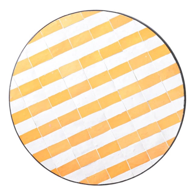 Matthew Izzo Home Moroccan Zellige Yellow and White Striped Tile and Iron X Base 40" Round Bistro Table For Sale